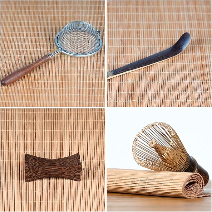 7-Piece Matcha Set with Matcha Bowl, Bamboo Whisk (Chasen) & Holder, Sifter, Tea Scoop & Rest, Special Bamboo Tea Mat - Perfect Matcha Kit for Matcha Lovers & Gift Giving, Kitty Pattern