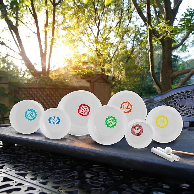 RYAN DVAN 432 hz 7-12 Inch Set of 7 Chakra Symbol Design Frosted Quartz Crystal Singing Bowl Set with Free 2 pcs Carrying Case