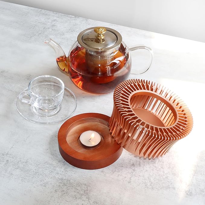 Tea Warmer with Magnolia Flower Design, JUKFITA Rose Gold Aluminum Alloy & Wood Teapot Warmer, Tall
