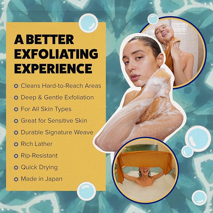 GOSHI Exfoliating Shower Towel - Rip-Resistant Exfoliating Washcloth for All Skin Types - Marigold Yellow - Made in Japan