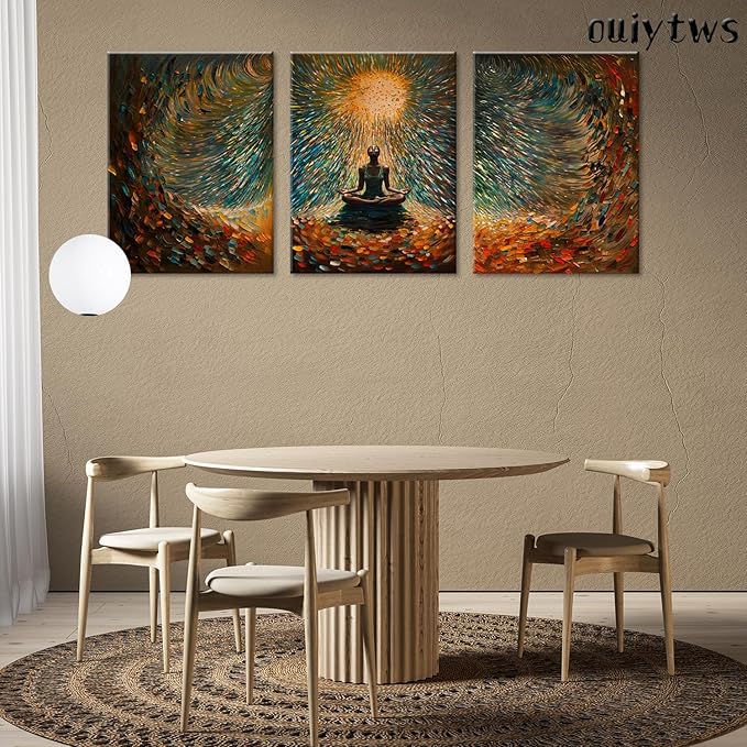 Framed Abstract Yoga Meditation Wall Art Set of 3Piece Canvas Poster Prints Painting, Vibrant Colorful Energy Flow, Tranquil Woman in Meditation for Home, Yoga Meditation Room,Office,Bedroom,16X24in