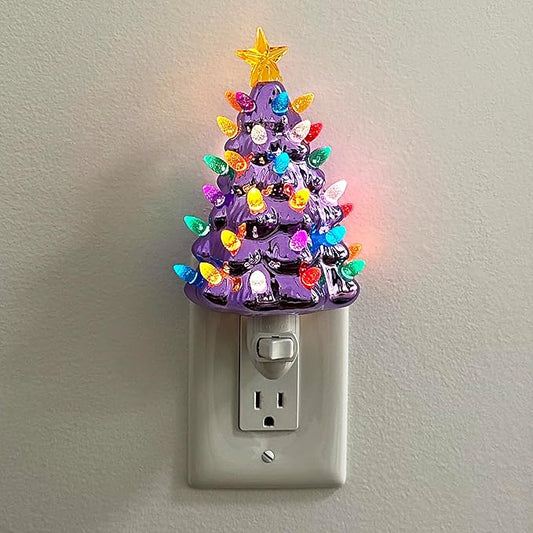 Milltown Merchants Ceramic Christmas Tree Night Light - Plug-in Vintage Tree with Lights - Mini Decorative Night Light (Pearl Violet)