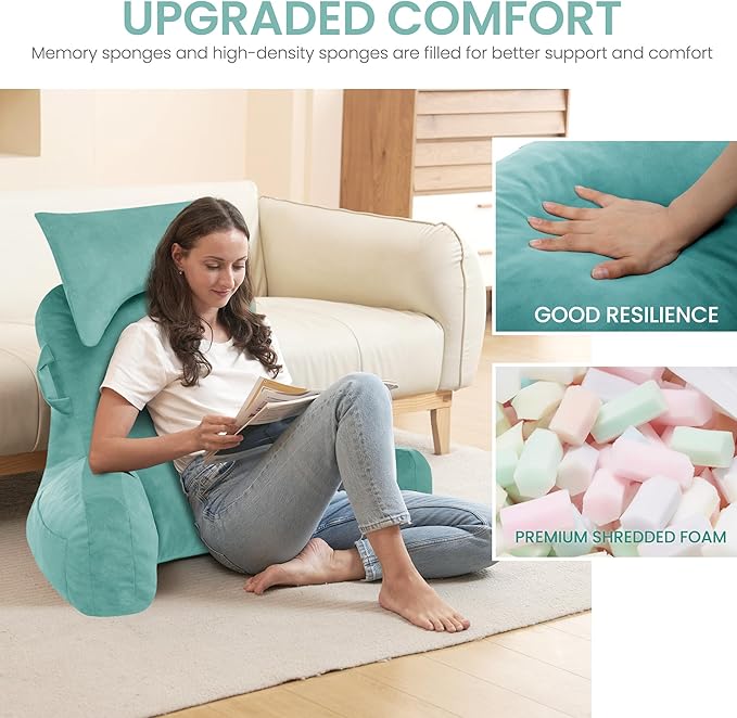 Portable Reading Pillows with Headrest for Bed Sitting Up(Lake Blue Oeko-Tex), Velvet Back Pillow with Arms & Pockets for Adults, Support Memory Foam Bed Pillow for Dorm/Watching/Gaming