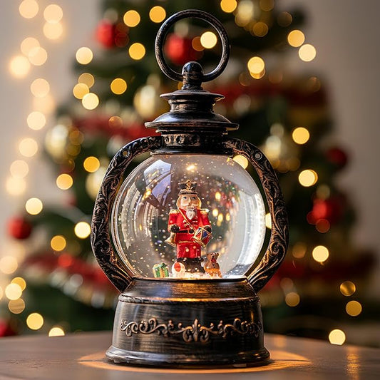 Musical Snow Globe Lantern Lighted Nutcracker Christmas Snow Water Lantern Swirling Glittering Home Decoration and Gift, Battery Operated or USB Powered