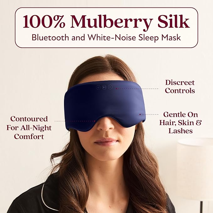 SilkSound 100% Mulberry Silk Bluetooth Sleep Mask for Side Sleepers, Sleeping Eyemask with Bluetooth Headphones, Eye Mask Headphones, Sleep Headphones for Side Sleepers, White Noise Head Phones