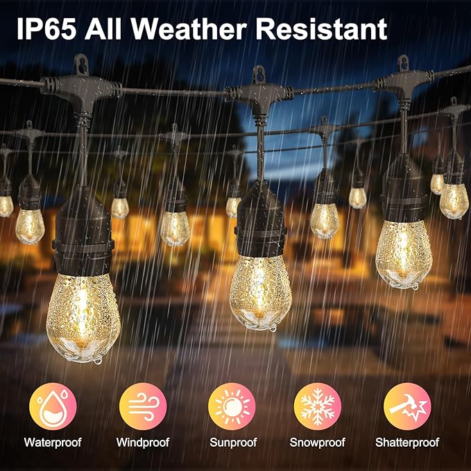 50FT LED Outdoor String Lights with 15+2 Shatterproof Bulbs, IP65 Waterproof, Commercial Grade Patio String Lights for Outside Porch Backyard Garden Deck Decor, 2700K Dimmable