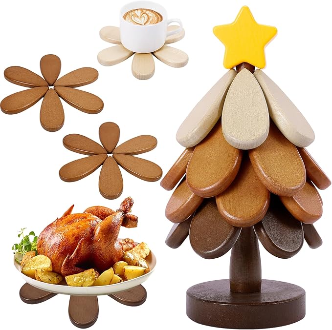Wooden Tree Trivets for Hot Dishes, Christmas Tree Shape Trivet Set of 4 for Hot Pot Pans, Wood Coasters for Bowls Teapots Drinks Plates, Home Table Decor(Walnut Wood)