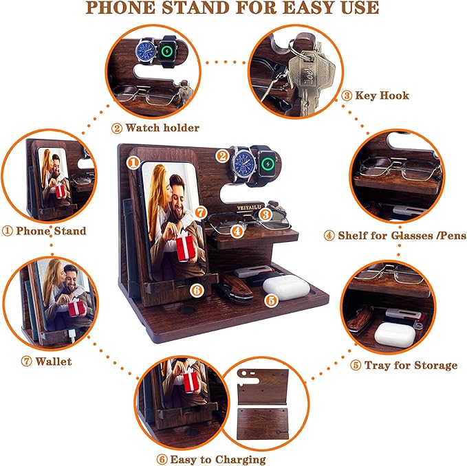 Gifts for Men Women Brother Boss Boyfriend Him Nightstand Organizer Gifts for Dad from Daughter Son Wood Phone Docking Station (Dark Brown)