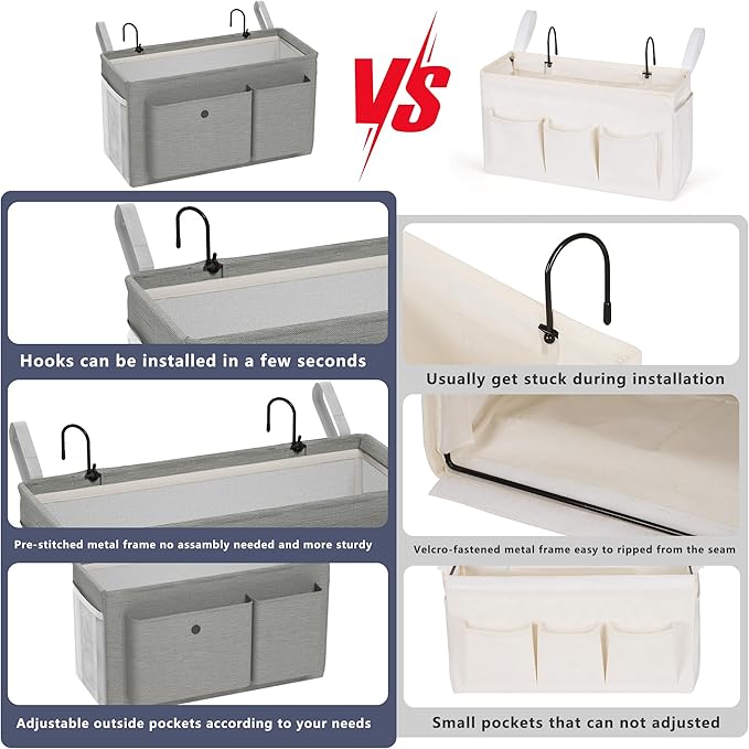 Bedside Caddy Bedside Organizer with Fixed Straps & Water Bottle Holder, Bunk Bed Caddy ideal for Home, Dorm, Hospital, Crib, Versatile Bedside Storage Solution (Grey)