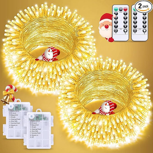 JMEXSUSS 2 Pack Battery Operated Christmas Lights with Remote, Total 66ft 200 LED Battery String Lights Outdoor Indoor, Warm White Twinkle Light for Christmas Tree Bedroom Porch Garland Yard Car Decor