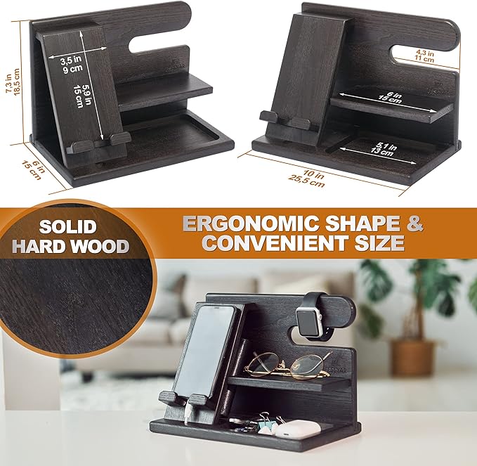 TESLYAR Wood Phone Docking Station for Men - Desktop or Nightstand Organizer - Birthday Gifts for Men, Dad - Anniversary Idea from Wife - Key Holder, Stand Wallet, Watch & Essentials (Black)