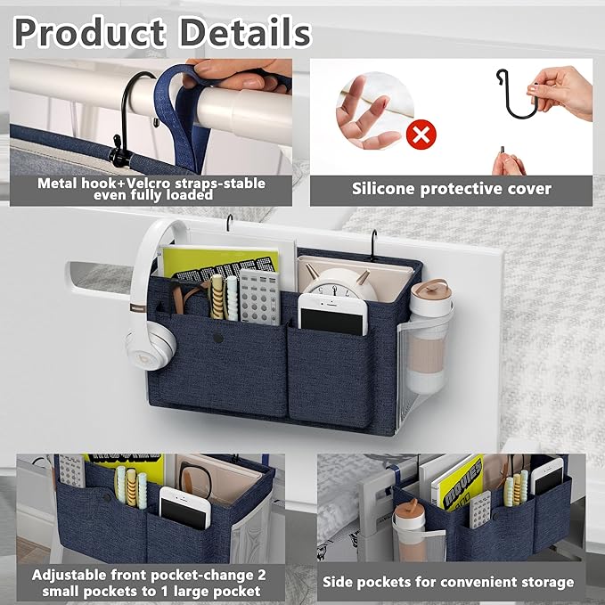 Bedside Caddy Bedside Organizer with Fixed Straps & Water Bottle Holder, Bunk Bed Caddy ideal for Home, Dorm, Hospital, Crib, Versatile Bedside Storage Solution (Navy 2pcs)