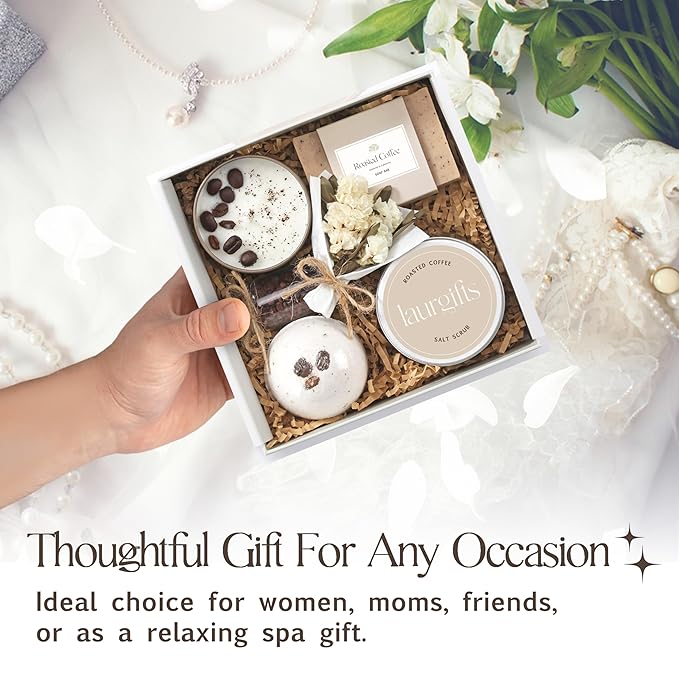 Coffee Spa Gift Baskets for Women – Scented Self Care Shower Essential - Elegant Kit for Mom, Wife, Sister, Friend - Body Bath Set - Aromatic Box for Occasions - Home Spa-Inspired