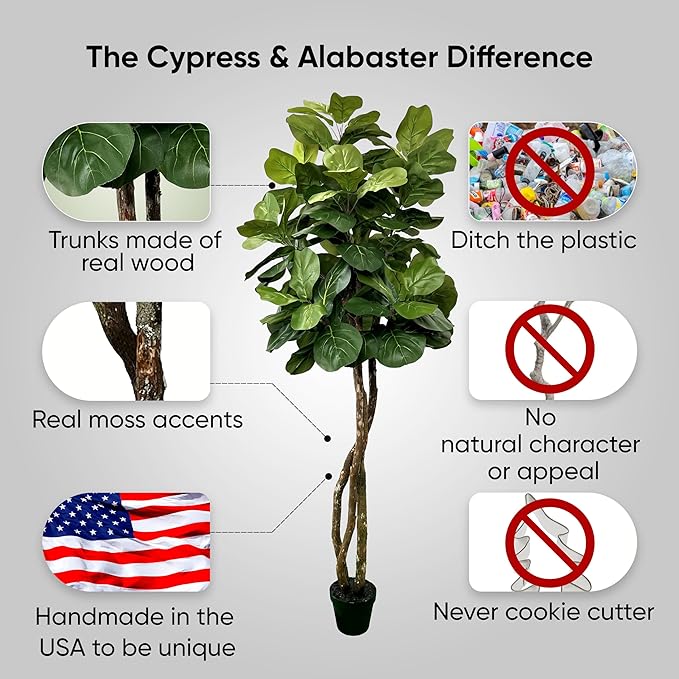 Cypress & Alabaster Handmade 6ft Fiddle Leaf Fig Ficus Lyrata Artificial Tree with Ethically Sourced Real Wood Trunks, Hypoallergenic, 6-Foot, Green