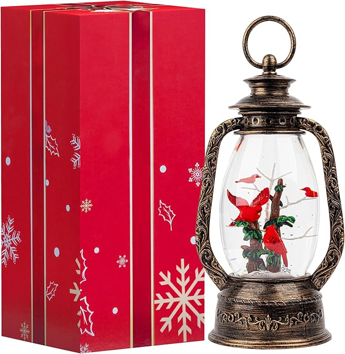 12'' Lighted Cardinals Snow Globe Lantern, Music Water Lantern with Swirling Glitter Decoration for Christmas Home, Living Room, Battery Operated or USB Powered