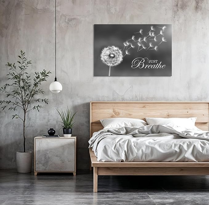 SKASNFAI Black and White Dandelion Zen Wall Art Canvas Just Breathe Motivation Positive Picture Art Print for Spa Yoga Meditation Wall Decor Ready to Hang (16L x 24W)