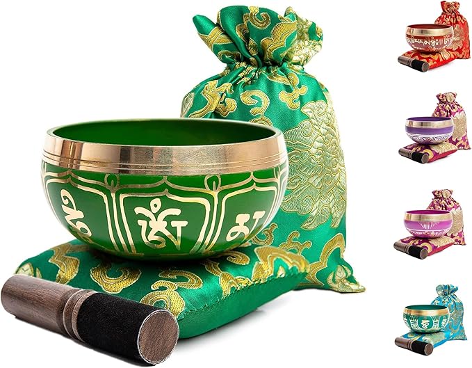 Tibetan Singing Bowl Set - Authentic Handcrafted Mindfulness Meditation Holistic Sound 7 Chakra Healing by Himalayan Bazaar (Emerald)
