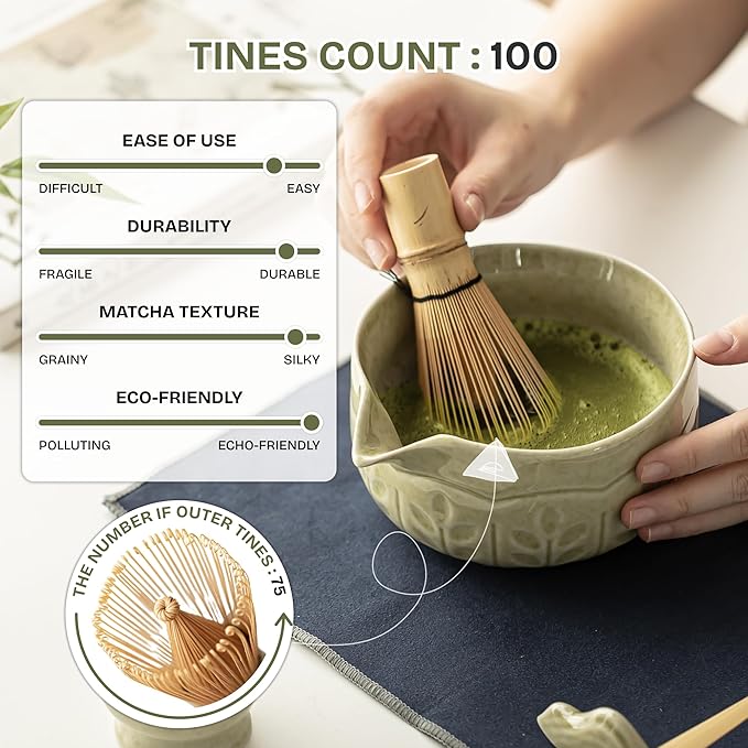 TEPEAK Matcha Whisk Set, 7 Pcs Matcha Set Green, Matcha Kit for Ceremony, Matcha Tea Set for Making Breakfast/Latte, Ceramic Matcha Bowl (Chawan) with Spout and Bamboo Whisk, Gift for Friend/Family