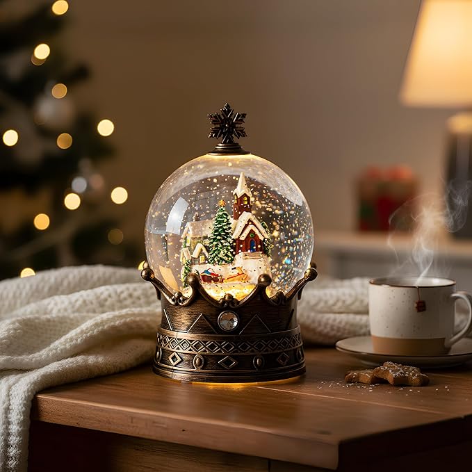 Christmas Village Snow Globe, Lighted Village Church and Santa Musical Crown Water Lantern in Swirling Glitter, Christmas Home Decoration and Gift, Battery Operated or USB Powered