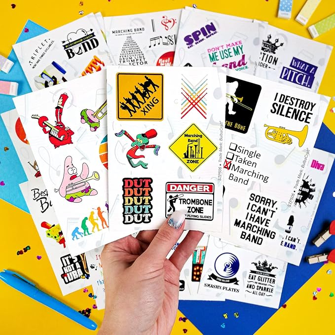 BulbaCraft 100Pcs Marching Band Stickers and Laptop Decals - Drummer Gifts, Marching Band Stuff, Gifts for Women & Men