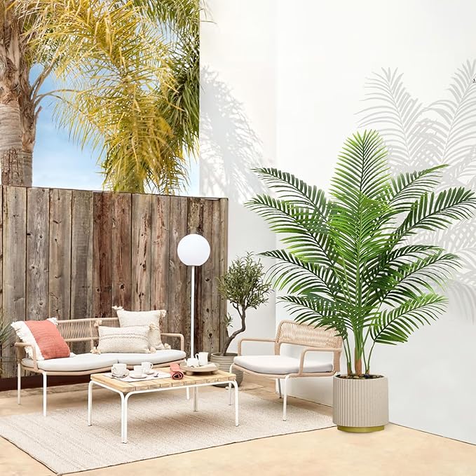 Artificial Palm Tree Indoor Plant 4FT Tall Fake Tropical Palm Tree in Pot, Real Bark Design Faux Areca Palm Tree for Home Office Living Room Bedroom Farmhouse Modern Outdoor Topiary Tree (13 Trunks)
