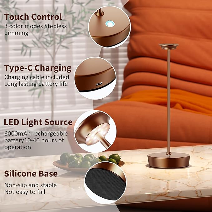 YHT Cordless LED Table Lamp Set of 2, Outdoor Portable LED Table Lamp, Dimming 6000mAh Battery Waterproof Table Light for Restaurant, Patio, Dinner, Bedroom (Coffee)