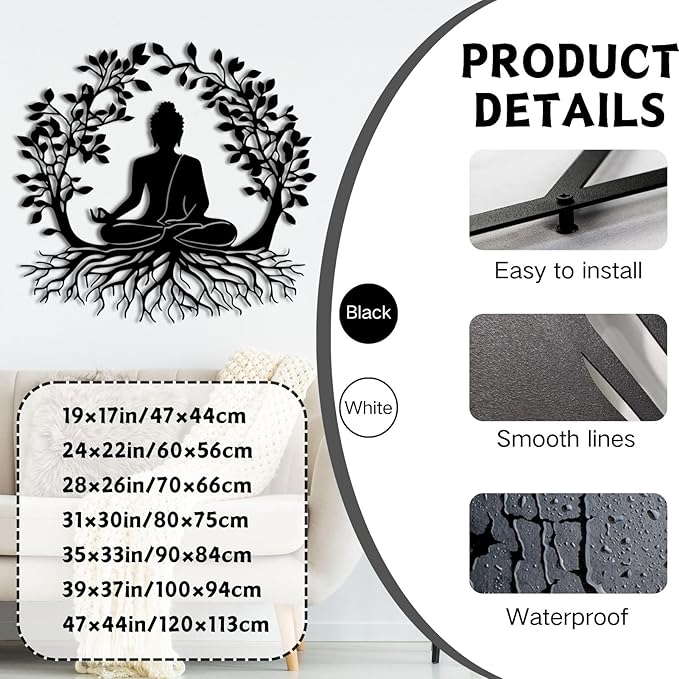 ENJOYOO Tree of Life and Buddha Metal Wall Decor, Tree of Life Wall Art, Buddha Metal Wall Art for Living Room, Bedroom, Outdoor (Black, 24×22in/60×56cm, metal wall art)