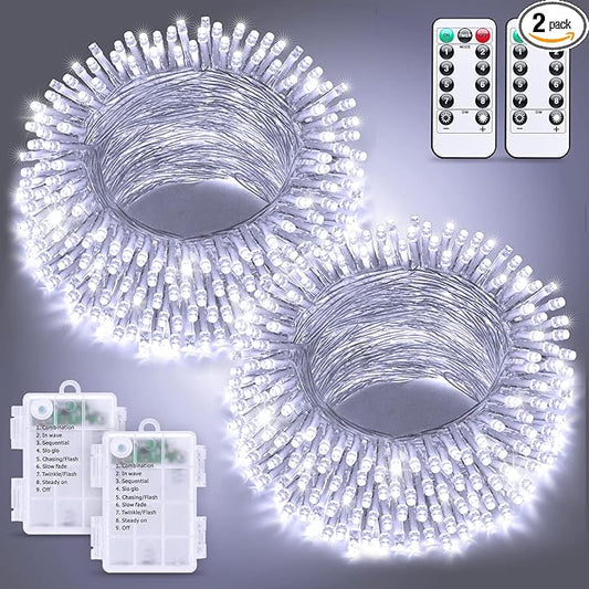 JMEXSUSS 2 Pack White Battery Operated Christmas String Lights, Each 33ft 100 LED Wedding Lights Outdoor Indoor, with 8 Modes Remote Waterproof