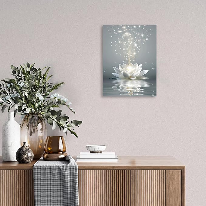 Ypxzzj Framed White Lotus Flower Wall Art for Living Room, Zen Canvas Wall Art for Yoga Bedroom,Meditation Spiritual Wall Decor Print for Bathroom Study Room Ready to Hang(16''x24'')