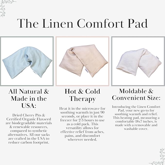 Sacksy Thyme Microwave Heating Pad - 100% Linen Cover, Unscented, Size 18x7, Comforting Heat Pad for Cramps, Back,Neck,Shoulders, Leg Pain, Hot Microwavable Heat Pack, Color: Natural, Made in USA