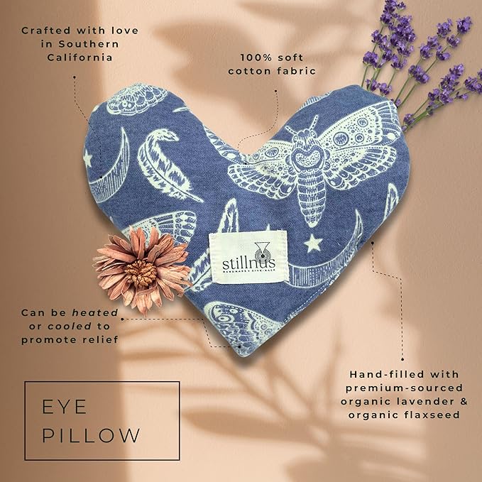Butterfly Heart Eye Pillow for Women – Lavender + Flaxseed – Grounding Weighted Compress for Meditation, Sleep & Stress Relief – Indigo Calm Pattern – Sensory Wellness Gift
