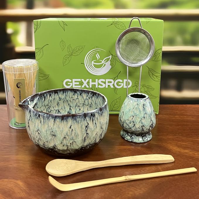 Matcha Whisk Set 6 pc Kit - Traditional Japanese Chasen, Bamboo Whisk Holder, Ceramic Bowl with Spout, Sifter & 2 pc Spoons - matcha kit set, Gift for Matcha Tea Lovers(Quenching Blue)