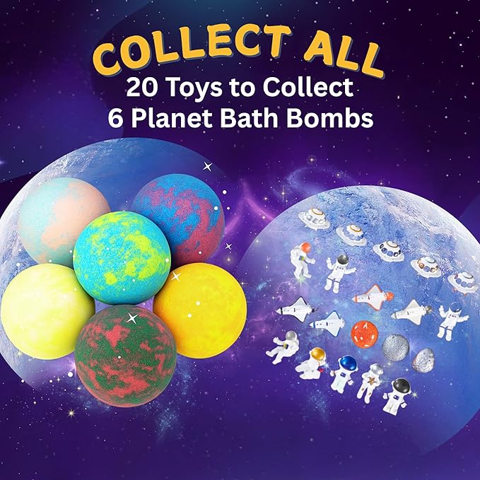 EvolutionUSA Space Bath Bombs for Boys & Girls, 6 Planet Bath Balls with Toy Hidden Inside, Organic Hypoallerganic Childrens Bathbombs, Cosmic Fun Space Surprise, Gift Set Birthday, Christmas, Easter