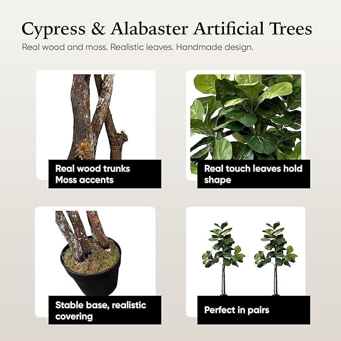 Cypress & Alabaster Handmade 5ft Fiddle Leaf Fig Ficus Lyrata Artificial Tree with Ethically Sourced Real Wood Trunks, Hypoallergenic, 5-Foot, Green