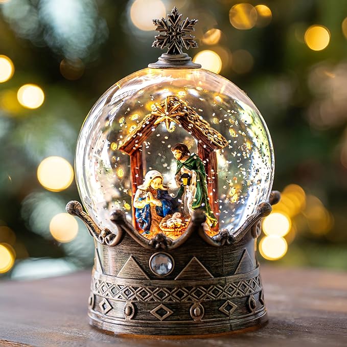Snow Globe Lighted Christmas Decorations, Nativity Manger Scene Musical Crown Snow Globe Lantern with Swirling Glitter, Christmas Holiday Party Gifts and Decorations