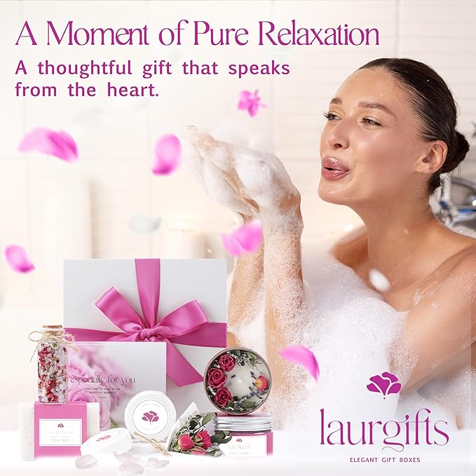 Rose & Jasmine Spa Gift Box for Women – Self Care Gift Basket with Candle, Soap, Bath Salts, Scrub & Shower Steamers – Birthday, Thank You & Relaxing Gifts for Mom, Wife, Sister, Friend