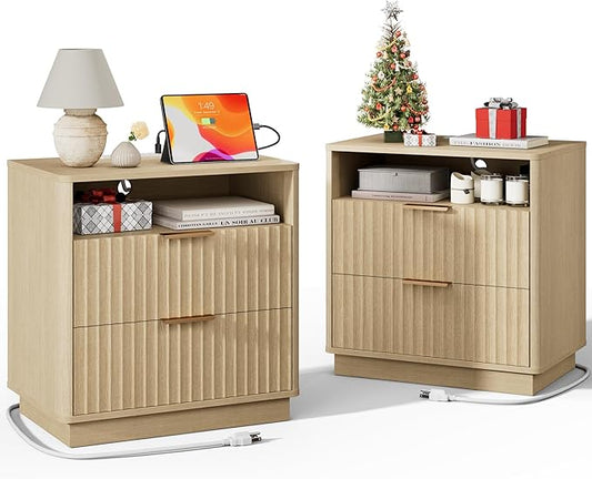 Large Fluted Nightstand Set of 2 with Charging Station, 23" Modern Farmhouse Night Stand, 2 Drawers End Table with Storage, Bedside Table for Bedroom Sofa Home Office, Natural Oak