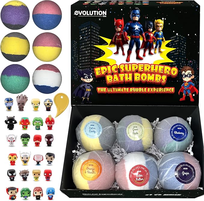 EvolutionUSA Black Epic Superhero Bath Bombs for Kids, 6 Super Hero Bath Bombs with Toy Inside, Lush Childrens Bathbombs, Organic Bathbomb with Surprise Inside, Fizzy Fun Superhero Bath Balls