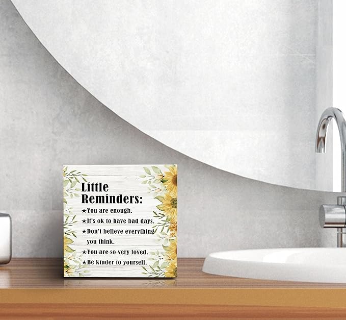 SRADMO Inspirational Little Reminders Wood Box Sign Desk Decor, Inspirational Desk Decor, College Motivational Positive Affirmation Gifts Box Sign For Office Home Dorm Tabletop Decoration(Yellow)