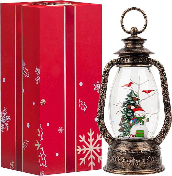 12'' Christmas Musical Snow Globe Lantern Spinning Water Glittering Snowman with Holiday Tree Scene, Battery & USB Powered Light for Home Decoration