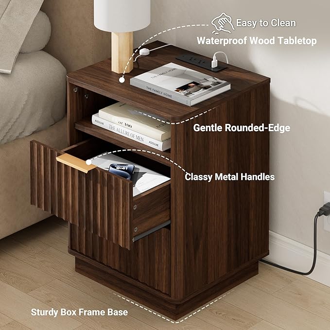 Fluted Nightstand with Charging Station, 18" Modern Farmhouse Night Stand, 2 Drawers End Table with Storage, Bedside Table for Bedroom Sofa Home Office, Curved Profile Design (Walnut)