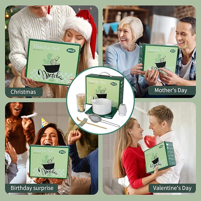 Matcha Bowl Set, Matcha Whisk and Holder, Stainless Sifter & Bamboo Scoop, Towel, 7 PCS Matcha Starter Kit for Matcha Lovers, White