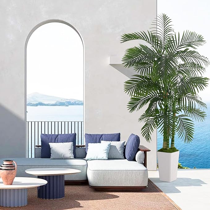 Artificial Golden Cane Palm Tree 7FT, Fake Palm Tree with Three Realistic Trunks and Lifelike Palm Leaves, Faux Palm Plant for Indoor Home Décor with Black Planter