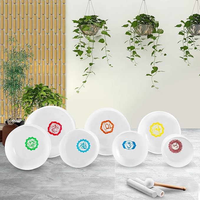 Ryan Dvan 432Hz 7-12 Inch 7 Chakra Design Crystal Singing Bowl Set Frosted Quartz Crystal Sound Therapy Kit with Mallets 2 Cases O-Ring for Yoga Meditation Energy Balancing Reiki Healing