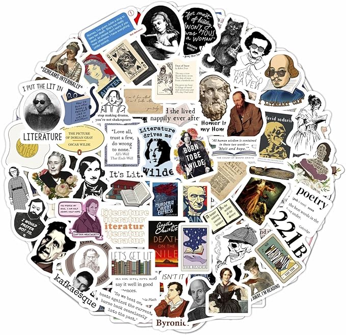 BulbaCraft 100Pcs Literature Stickers for Water Bottle and Laptop - Literary Party Favors & Decorations, Books Bookish Writing Poetry Reading Stickers, Book Lovers Gifts, Gifts for Women & Men