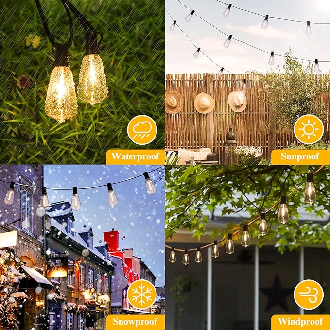Brightever 50FT Outdoor String Lights Waterproof, 2700K Bright LED Patio Lights with 27 ST38 Shatterproof Vintage Bulbs, Retro Connectable Edison String Lights for Outside, Garden, Balcony, Porch