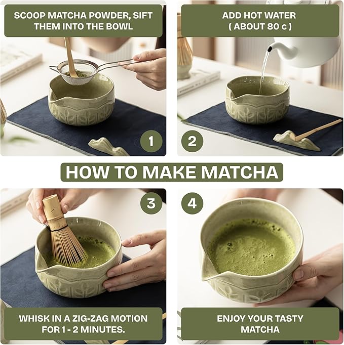 TEPEAK Matcha Whisk Set, 7 Pcs Matcha Set Green, Matcha Kit for Ceremony, Matcha Tea Set for Making Breakfast/Latte, Ceramic Matcha Bowl (Chawan) with Spout and Bamboo Whisk, Gift for Friend/Family