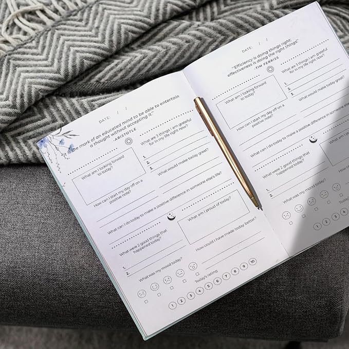 Gratitude Journal, Daily Reflection Journal for More Happiness, Mindfulness & Affirmation, Self Care Journals for Women & Men, 6 Inspirational Stickers and Ballpoint Pen,Blue