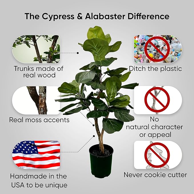 Cypress & Alabaster Handmade 3ft Fiddle Leaf Fig Ficus Lyrata Artificial Tree with Ethically Sourced Real Wood Trunks, Hypoallergenic, 3-Foot, Green