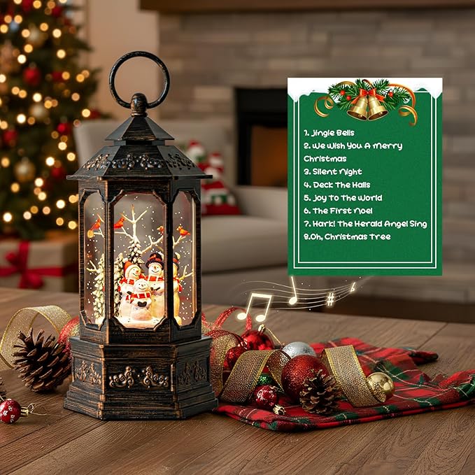 Christmas Snowman Choir Snow Globe Lantern with Swirling Glitter, USB Lined/Battery Operated Lighted Musical Snowman Carolers Water Lantern for Christmas Festival Decoration Gifts